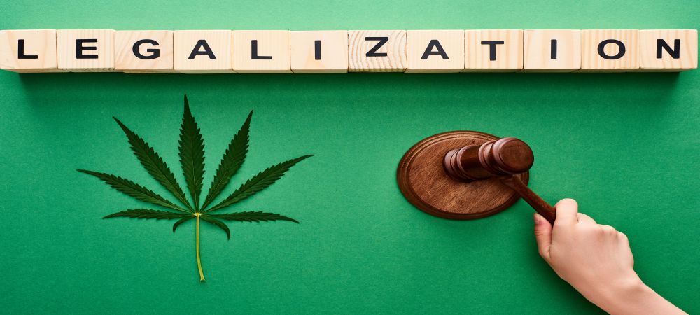 Legalization spelled out in block letters, on a green background, with a marijuana leaf and a hand holding a gavel