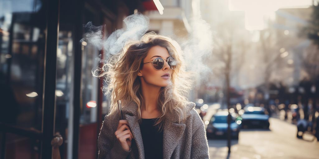 Woman smoking a weed pen outside