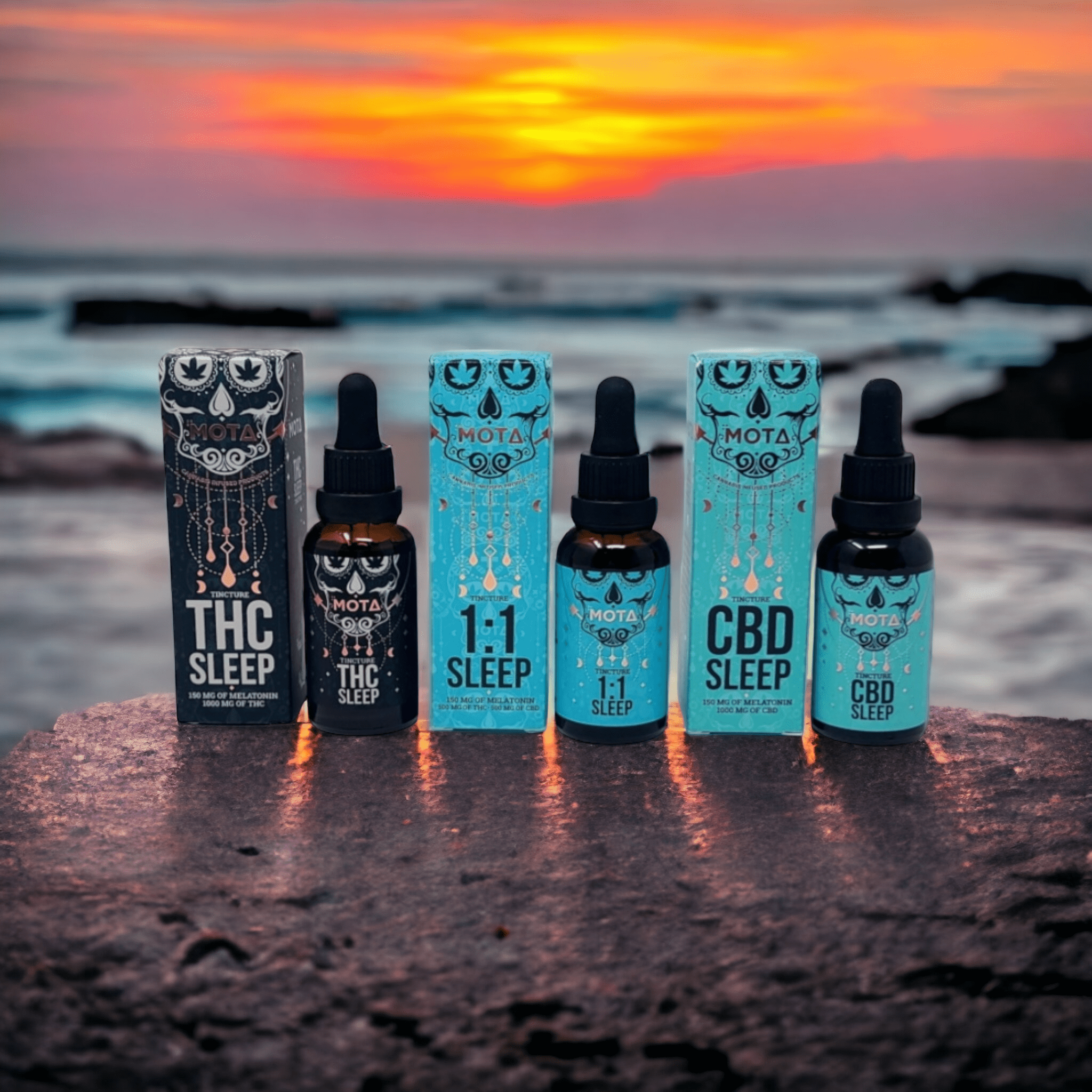 Mota Cannabis Tinctures on a rock on the beach